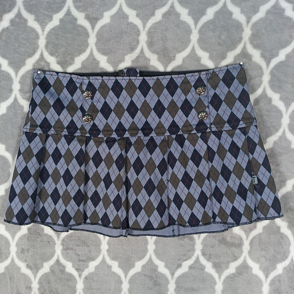 Tripp NYC Pleated Mini Skirt Size M Blue Gray Argyle Skull Buttons Goth Punk